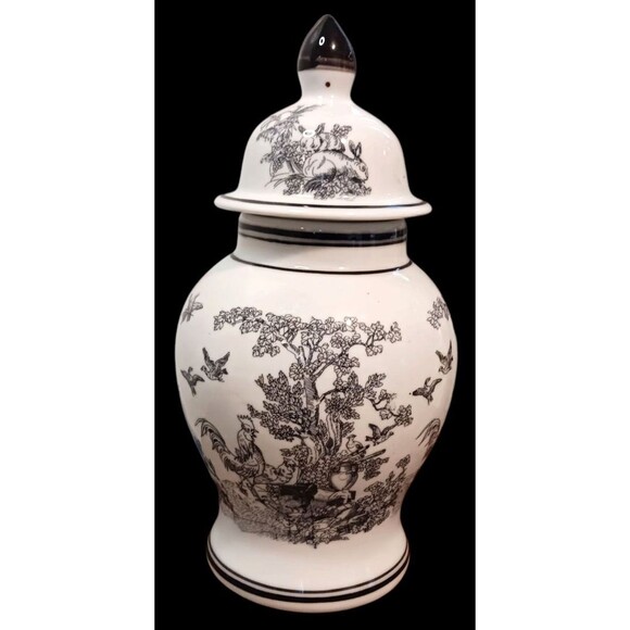 VTG Chinese Dechang Taoci Porcelain Vase & Lid White Black Roosters Trees Birds - Picture 1 of 6